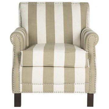 Jennifer Club Chair With Awning Stripes Silver Nail Heads Olive/White