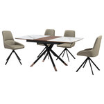 Armen Living - Alora Maverick Extendable 5 Piece Dining Set With Swivel Chairs - The Alora Maverick Extendable 5 Piece Dining Set with Swivel Chairs includes 4 Maverick swivel dining chairs and 1 Alora extendable dining table. The dining room chairs blend crisp lines and sleek details to lend a dose of comfort and style. They feature soft upholstery to serve as a chic and comfortable accent for any room. Elevated upon pyramid-shaped, black metal legs, the kitchen chairs remain an effortless and versatile addition to your home. They feature a tall, scoop-back to provide long-lasting comfort and support, enabling you to sit for long hours. Our dining table chair can serve as a stylish and comfy office chair or provide a comfortable seat in your living room. The Maverick includes a wonderful 180 - degree swivel function to offer maximum mobility and ease with following conversations. The Maverick is upholstered in a soft polyester fabric or UV and stain-resistant faux leather which does not crack or fade easily to provide easy maintenance. The tabletop features a harmonious combination of light gray ceramic with a walnut finished wood accent in its center. Rounded edges attain a soft silhouette, and the metal cross leg base brings a cool touch with the copper caps. This table can easily extend from 51" to 67" to comfortably seat up to six of your closest friends or family members. From a perfect spot to enjoy your casual meals to a luxe place to host your formal dinners, our dining table remains a versatile and stylish addition to your home. The table is expertly crafted to offer durability and easy maintenance. This kitchen dining set is available in 5- or 7-piece set configurations and your choice of two-tone gray fabric or taupe gray faux leather upholstery.
