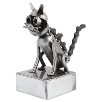 NOVICA Sitting Cat And Upcycled Metal Auto Part Sculpture