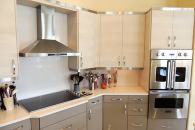 Open concept kitchen - mid-sized contemporary open concept kitchen idea in Miami with flat-panel cabinets, light wood cabinets, solid surface countertops, stainless steel appliances and no island