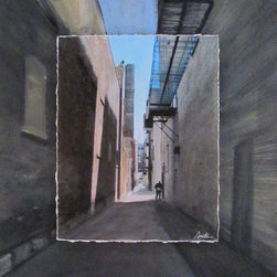 Mixed Media Art "Alley with Guy Reading" - Mixed Media Art