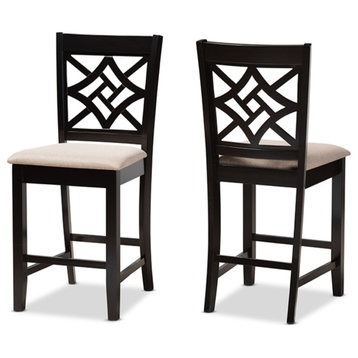 Sand Fabric Upholstered and Dark Brown Finished Wood Counter Stool, Set of 2