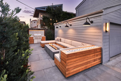 Inspiration for a small contemporary backyard stone patio remodel in San Diego with a fire pit and no cover
