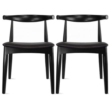 Set of 2 Modern Wooden Elbow Dining Chairs With PU Leather or Beige Fabric Seat, Black(unassembled)