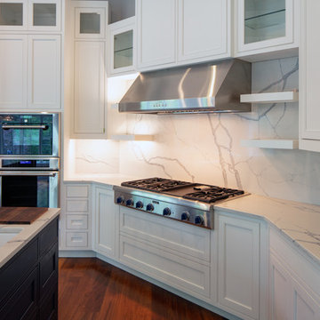 White Beaded Inset Cabinets with Double Navy Island