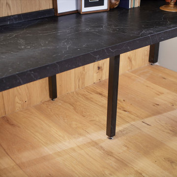 Desk Under Stairs with Custom Quartz Countertop and Custom Iron Legs