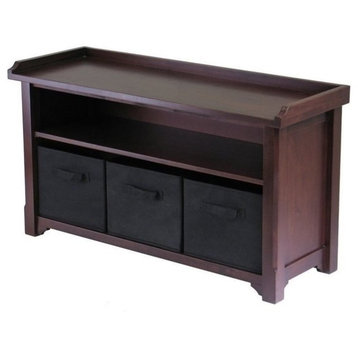 Pemberly Row Solid Wood Storage Bench with 3 Foldable Baskets in Walnut/Black