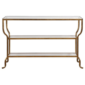 Contemporary Curved Gold Minimalist Console Table w Shelves Sofa Entry Modern