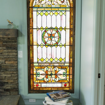 Query successful  Vintage Stained-Glass Window Feature in a Modern Rustic Living