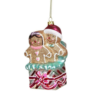 4.5" Glittered Gingerbread Man and Woman in Gift Box Glass Christmas Ornament