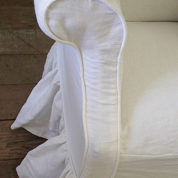 Custom Linen Slip Covered Vintage Petite Sofa in Toile