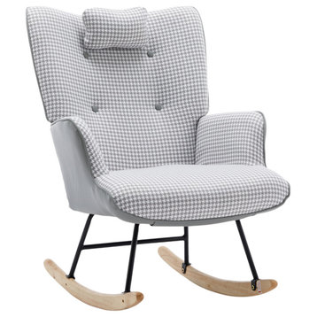TATEUS 35" Soft Houndstooth Rocking Chair With Solid Wood Base, Light Grey