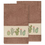 Linum Home Textiles - Mila 2 Piece Embellished Bath Towel Set - The MILA Embellished Towel Collection features whimsical blooming cactus in applique embroidery on a woven textured border. These soft and luxurious towels are made of 100% premium Turkish Cotton and offer lasting absorbency and superior durability. These lavish Turkish towels are produced in Linum�s state-of-the-art vertically integrated green factory in Turkey, which runs on 100% solar energy.