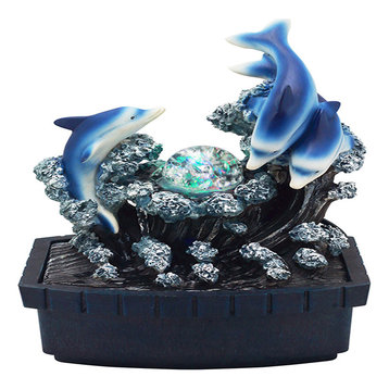 11.5" Tall Polyresin Indoor Fountain, LED Light and 1L Capacity, Dolphin Design