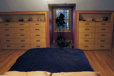 Foto de dormitorio actual de tamaño medio con suelo de madera en tonos medios