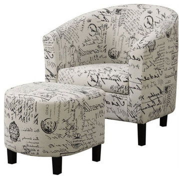 Transitional Accent Chair and Ottoman, Barrel Design With French Script Pattern