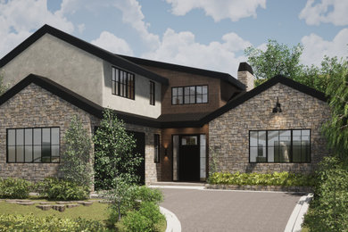 Mid-sized transitional white two-story stone and shingle exterior home idea in Los Angeles with a mixed material roof and a black roof