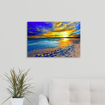 Beautiful Blue Beach Orange Sunset Wrapped Canvas Art Print, 24"x16"x1.5"