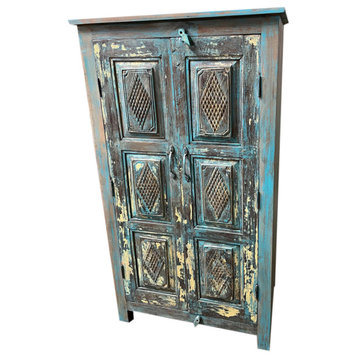 Consigned Turquoise antique rustic cabinet, Farmhouse Hallway Accent Armoire