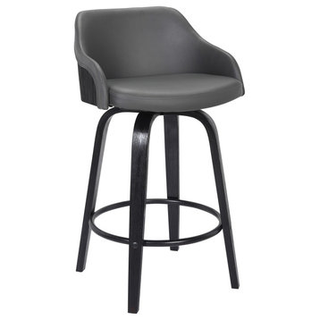 Benzara BM236781 26" Wooden and Leatherette Swivel Barstool, Black and Gray