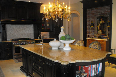 Large elegant l-shaped ceramic tile eat-in kitchen photo in Other with raised-panel cabinets, dark wood cabinets, granite countertops, gray backsplash, matchstick tile backsplash, stainless steel appliances and an island