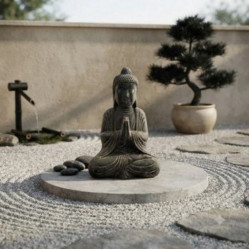 24" Distressed Black Brown Cross Legs Peaceful Hands Stone Buddha Statue ws5078