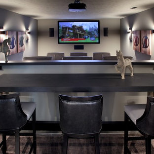 Transitional enclosed carpeted home theater photo in Grand Rapids with gray walls and a projector screen