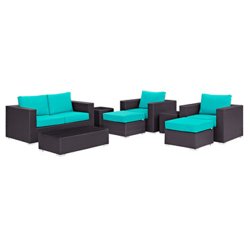 Modway Convene 8 Piece Outdoor Patio Sofa Set, Espresso Turquoise