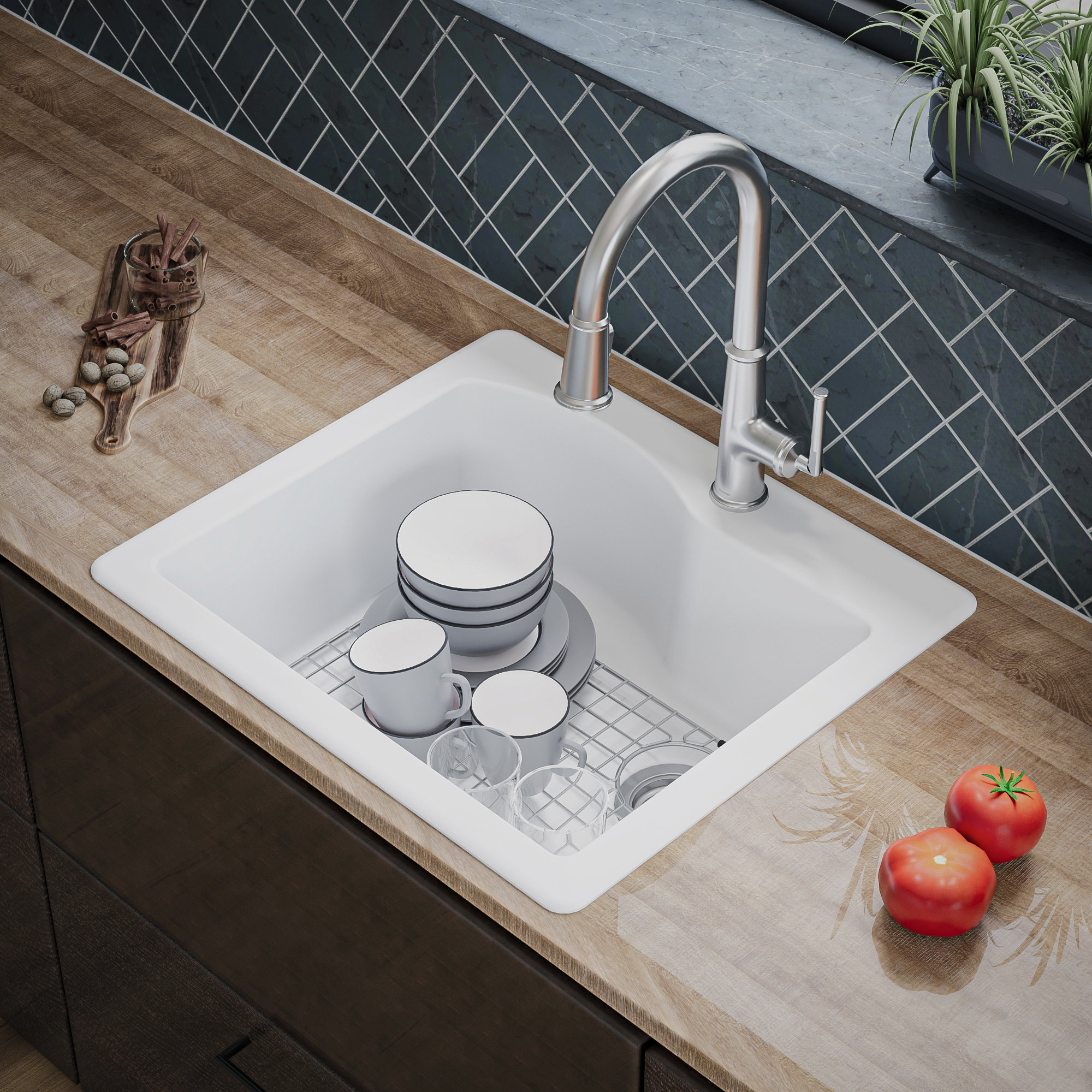 Karran Drop-In Quartz 25" 1-Hole Single Bowl Kitchen Sink Kit, White
