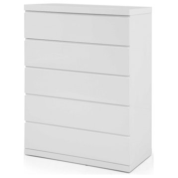HomeRoots 36" X 20" X 47" Gloss White Stainless Steel 5 Drawer Chest
