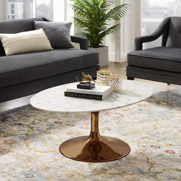 Modern Deco Living Coffee Table, Metal Steel Artificial Marble, White Rose Gold