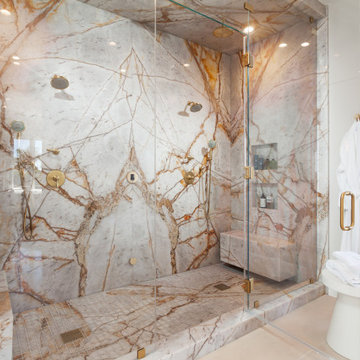 Book-Matched Quartzite Steam Shower with Slab Ceiling & Mosaic Slab Pan – Newpor