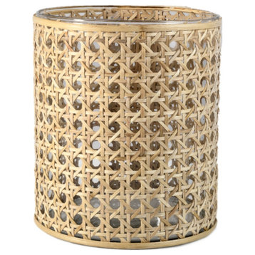 Glass Hurricane Candle Holder Wrapped, Woven Rattan Cane, Large