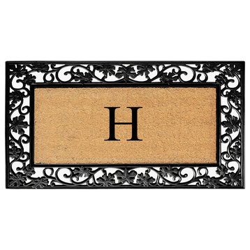 A1HC Floral Border Black 18x30 Rubber and Coir Heavy Duty Monogrammed Doormat, H