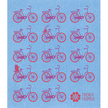 Swedish Dishcloth Mid-Century Modern, Rows of Bikes, Purple and Red on Blue