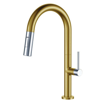 Fine Fixtures Pull Down Single Handle Kitchen Faucet, Satin Brass/Polished Chrom