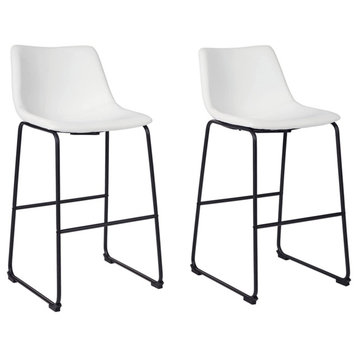 Set of 2 Industrial Bar Stool, Black Metal Legs and Contoured Faux Leather, Whit