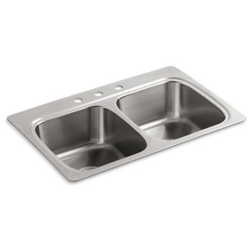 Kohler Verse 33" X 22" X 9-1/4" Double-Equal Bowl Kitchen Sink w/ 3 Holes