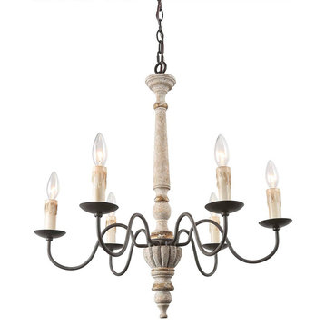 6-Light French Country Distressed Wood Chandelier, Rustic Pendant Lighting