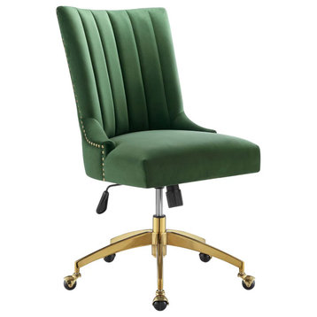 Elegant Office Chair, Gold Metal Frame & Velvet Seat With Channel Back, Emerald