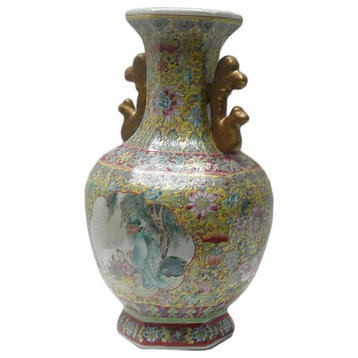 Chinese Yellow Base Hexagon Canton Famille Porcelain Vase