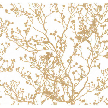 White and Gold Budding Branch Silhouette Wallpaper