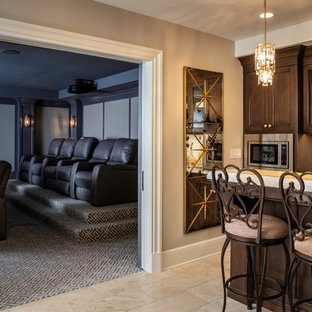 Design ideas for a large classic fully buried basement in Chicago with beige walls, limestone flooring and beige floors.