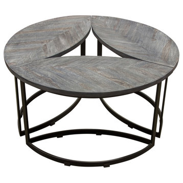 Dalia 3-Piece Cocktail Table Set, Solid Sheesham Wood Top, Gray and Iron Base
