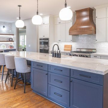 Porcelain Island Kitchen Remodel with Custom Built-Ins + Fireplace Feature
