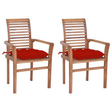 vidaXL Patio Dining Chairs 2 Pcs Accent with Red Cushions Solid Wood Teak