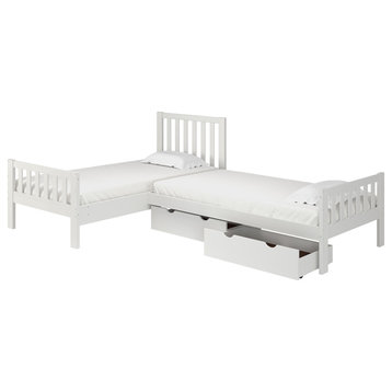 Aurora Corner L-Shaped Twin Wood Bed Set, Storage Drawers, Chestnut, White
