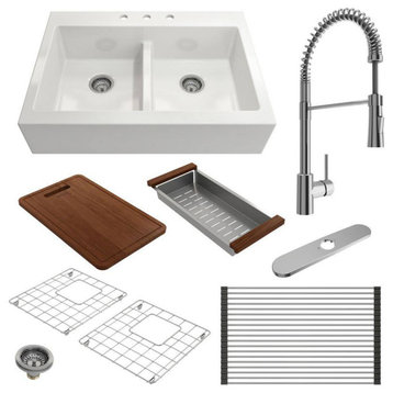BOCCHI 1501-001-2020CH Apron Front Drop-In Fireclay 34" 2 Bowl Kitchen Sink Kit
