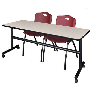 Kobe 72" Flip Top Mobile Training Table, Maple and 2 'M' Stack Chairs, Burgundy
