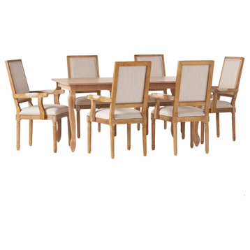 Regan French Country Fabric Upholstered Wood Expandable 7-Piece Dining Set, Natural Brown/Beige